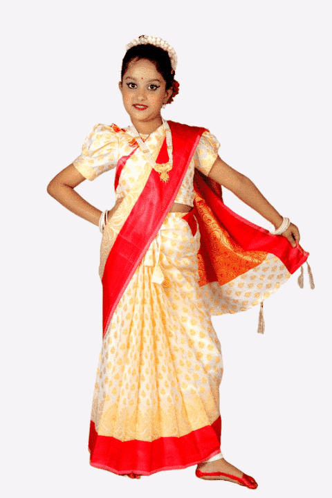Red and Off White Double Layer Katan Baby Ready Saree