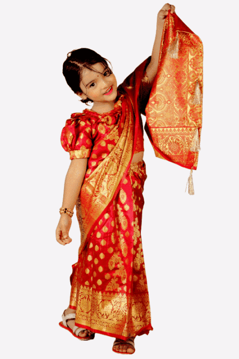 Red Soft Lota Katan Baby Ready Saree – Pre-Stitched Kids Saree for Girls