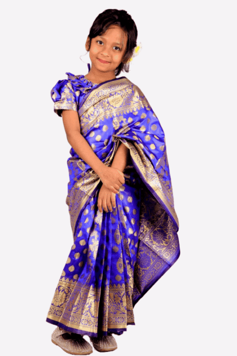 Blue Soft Lota Katan Baby Ready Saree – Pre-Stitched Kids Saree for Girls