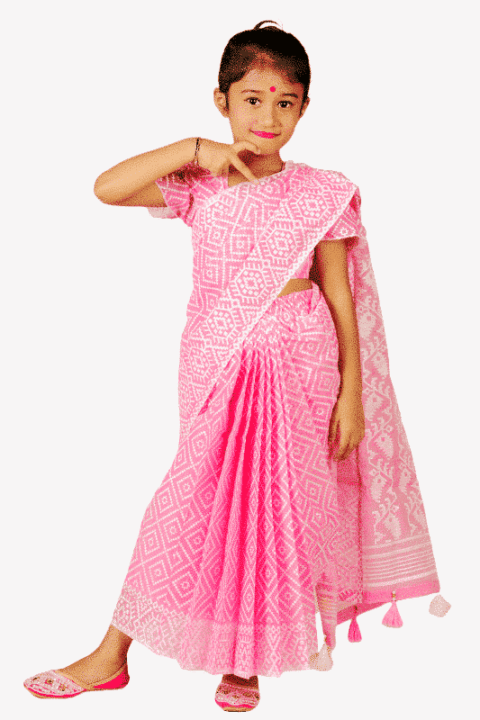 vibrant pink jamdani cotton baby ready saree