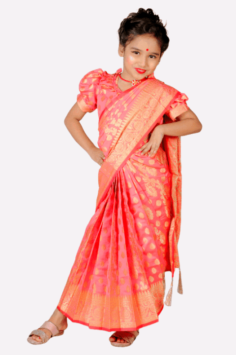 Soft Red Jori Phool Katan Baby Ready Saree