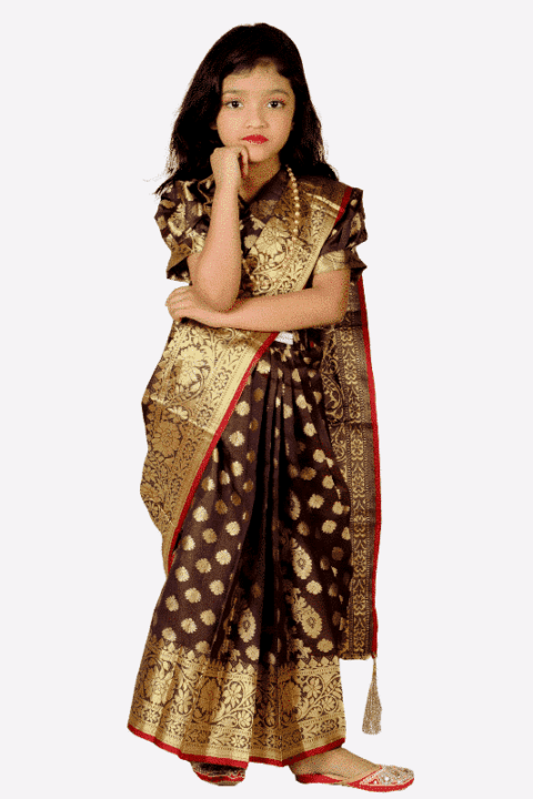 Pink Zari Baby Ready Saree for Girls in Soft Lota Katan