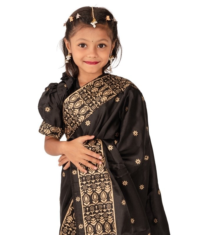 Classic Black Japani Silk Kids Saree (1)