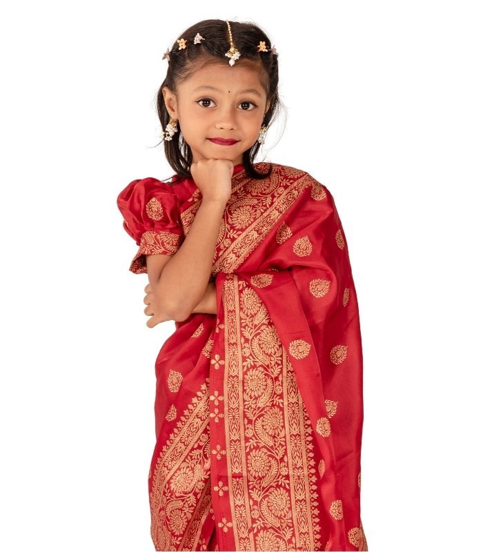 Red Japani Silk Kids Ready Saree (7)