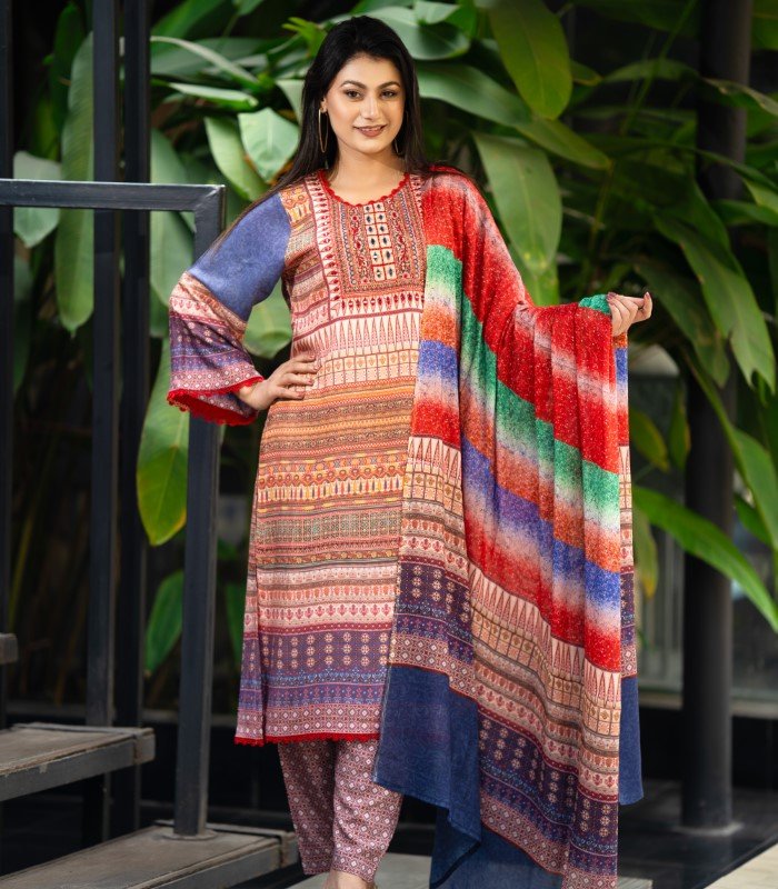 Multi Mirror Embroidered Cotton Salwar Kameez – Digital Printed 3-Piece Set | BD Made Fashion Multi Mirror Embroidered Cotton Salwar Kameez