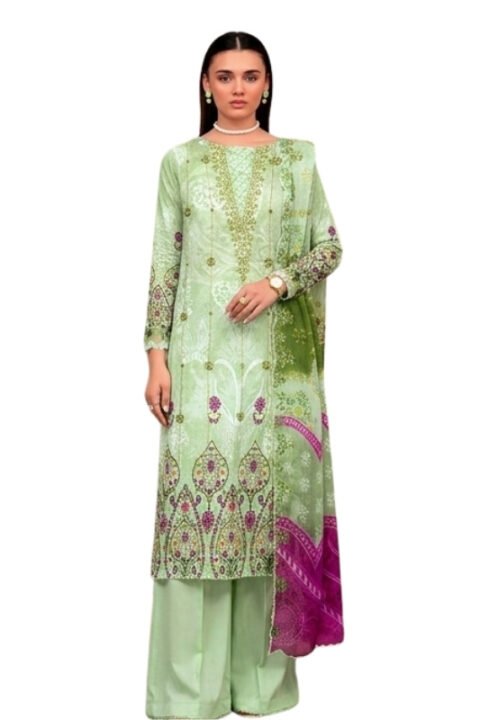 Green Traditional Embroidered Unstitched Lawn 3 Piece Suit