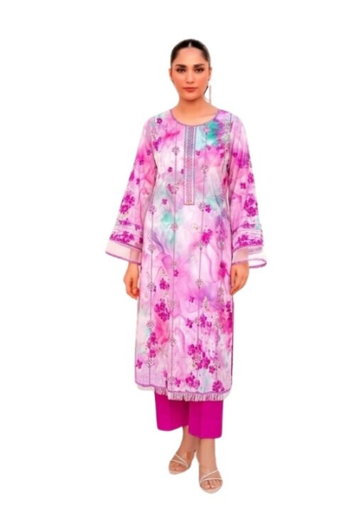 Soft Pink Pastel Floral Digital Printed Embroidered Unstitched Lawn 3 Piece Suit