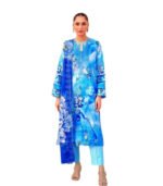 Royal Blue Floral Embroidered Digital Printed Unstitched Lawn 3 Piece Suit