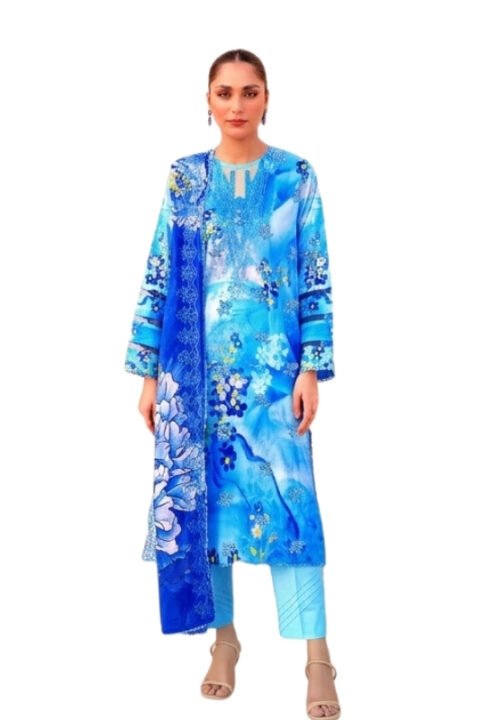 Royal Blue Floral Embroidered Digital Printed Unstitched Lawn 3 Piece Suit