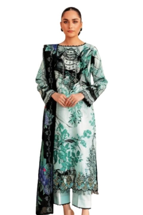 Teal & Black Floral Digital Printed Embroidered Unstitched Lawn 3 Piece Suit