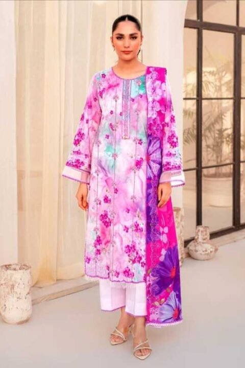 Soft Pink Pastel Floral Digital Printed Embroidered Unstitched Lawn 3 Piece Suit