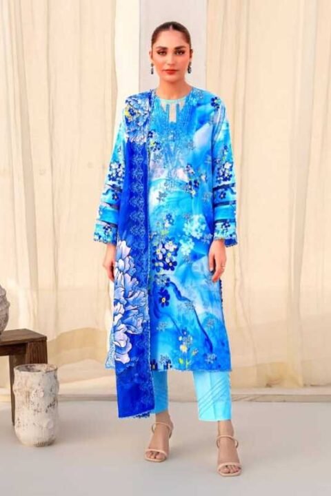 Royal Blue Floral Embroidered Digital Printed Unstitched Lawn 3 Piece Suit