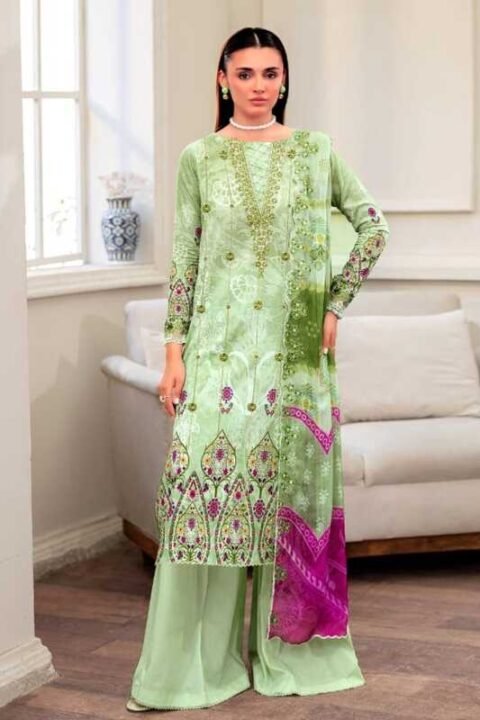 Green Traditional Embroidered Unstitched Lawn 3 Piece Suit