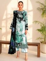 Teal & Black Floral Digital Printed Embroidered Unstitched Lawn 3 Piece Suit