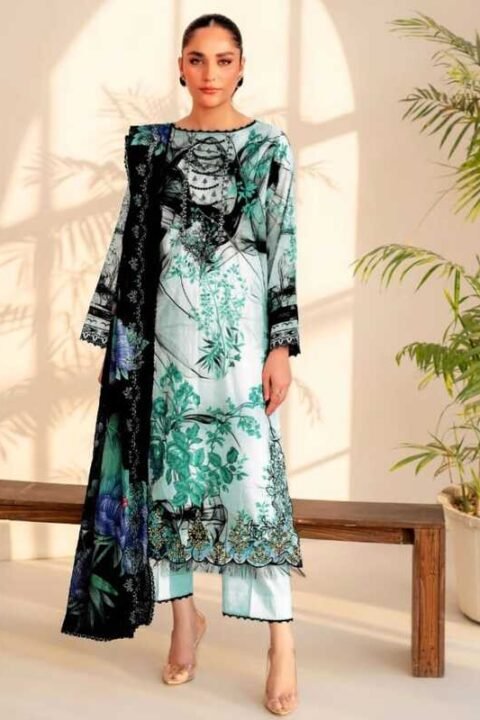 Teal & Black Floral Digital Printed Embroidered Unstitched Lawn 3 Piece Suit